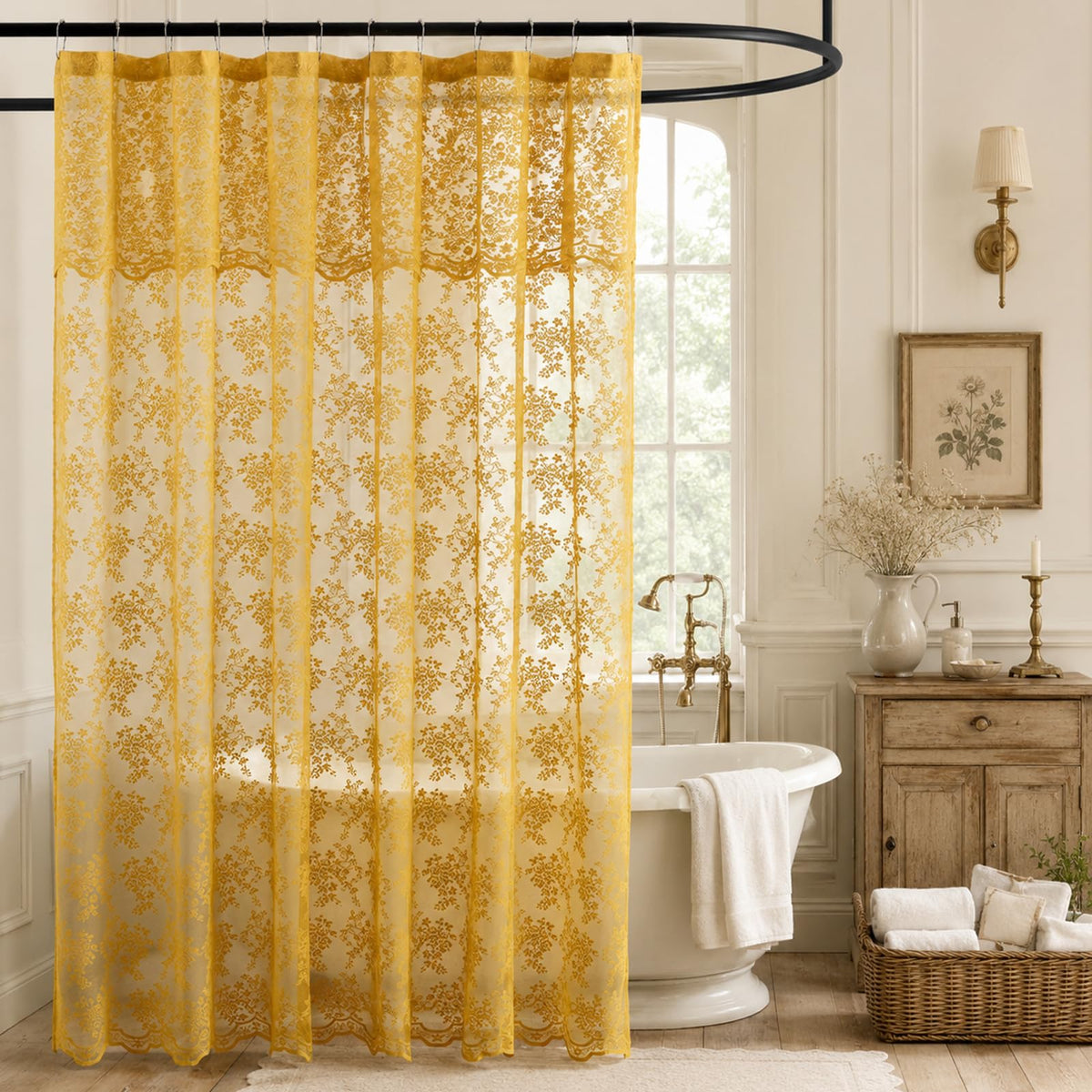 TUDECO White Lace Shower Curtain with Attached Valance 72 x 72 Inch