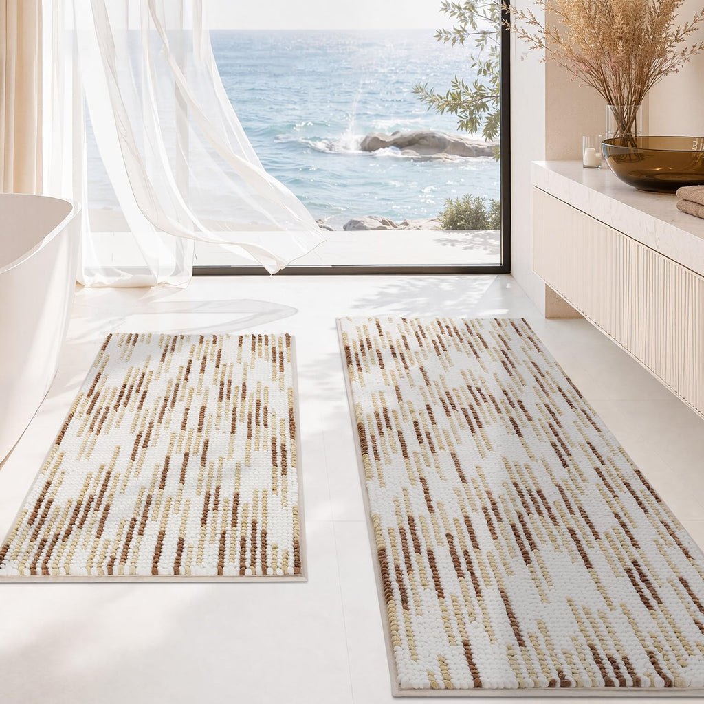 BSICPRO Bathroom Rugs Sets 2 Piece, Non Slip Striped Bath Mats, Fog Blue
