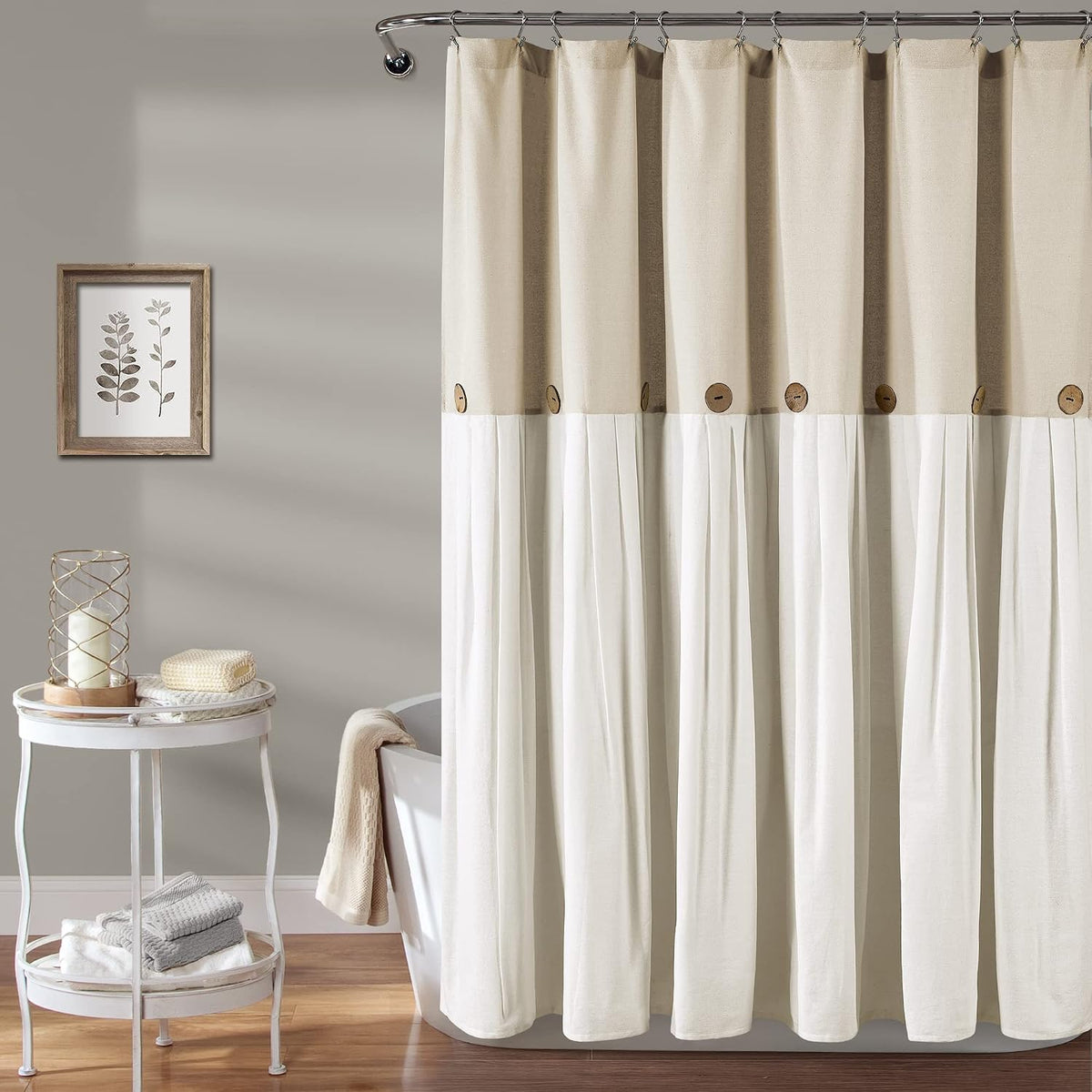 Lush Decor Linen Button Shower Curtain, 72" W x 72" L, Linen - Neural Shower Curtain Fabric - Bathroom Curtain - Farmhouse Bathroom Decor