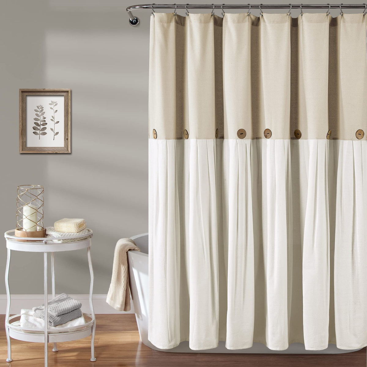 Lush Decor Linen Button Shower Curtain, 72" W x 72" L, Linen - Neural Shower Curtain Fabric - Bathroom Curtain - Farmhouse Bathroom Decor