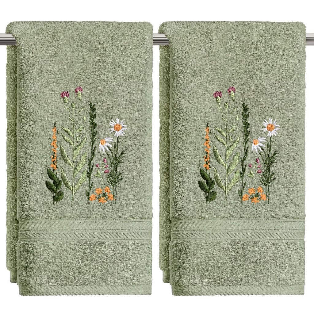 Artoid Mode 2 Pcs Beige Wildflower Floral Embroidered Hand Towels for Bathroom, 100% Cotton Soft Absorbent Farmhouse Decor Towels, 13.7 x 29.5 Inch