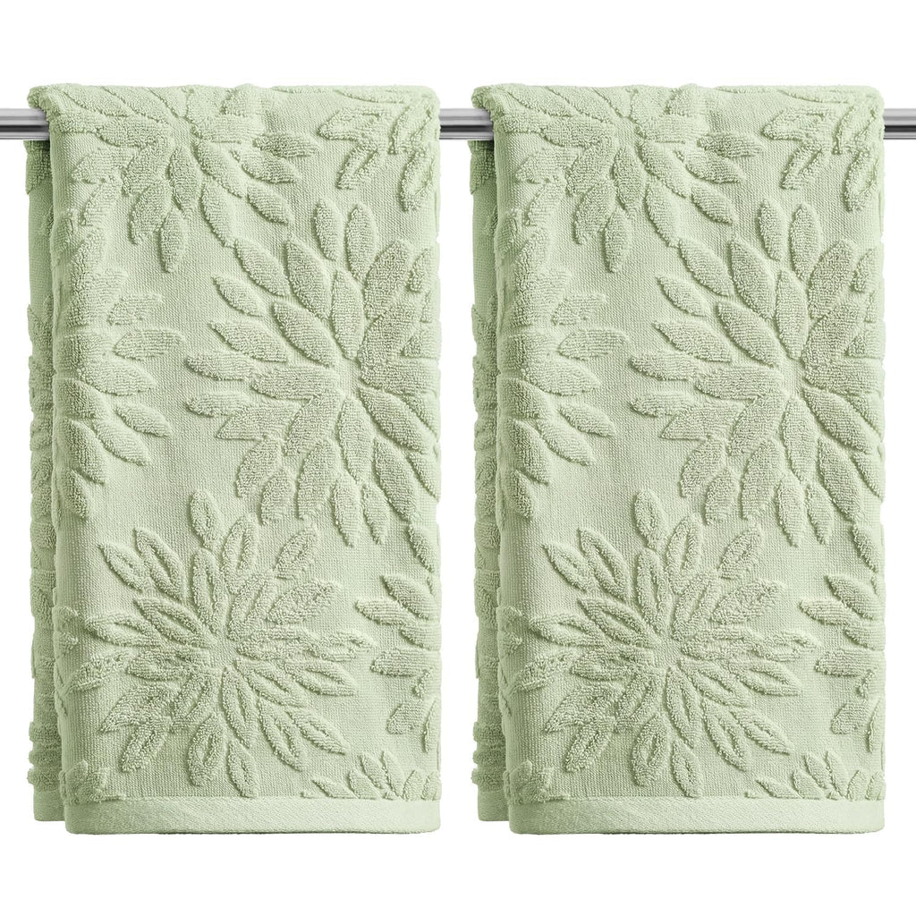 Artoid Mode 2 Pcs Olive Green 3D Dahlia Floral Jacquard Hand Towels for Bathroom, Cotton Soft Absorbent Bathroom Decor Towels, 13.7 x 29.5 Inch