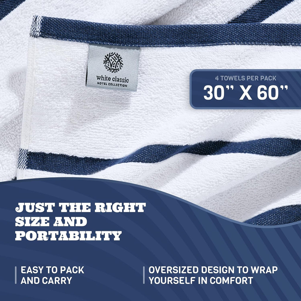 White Classic Cotton Pool Towels Oversized 30 x 60, 4 Pack, Navy Blue
