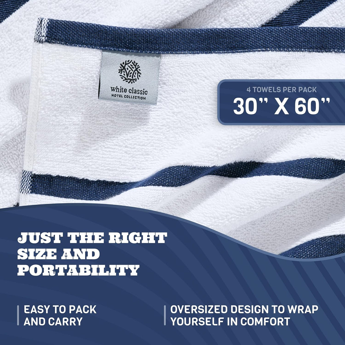 White Classic Cotton Pool Towels Oversized 30 x 60, 4 Pack, Navy Blue