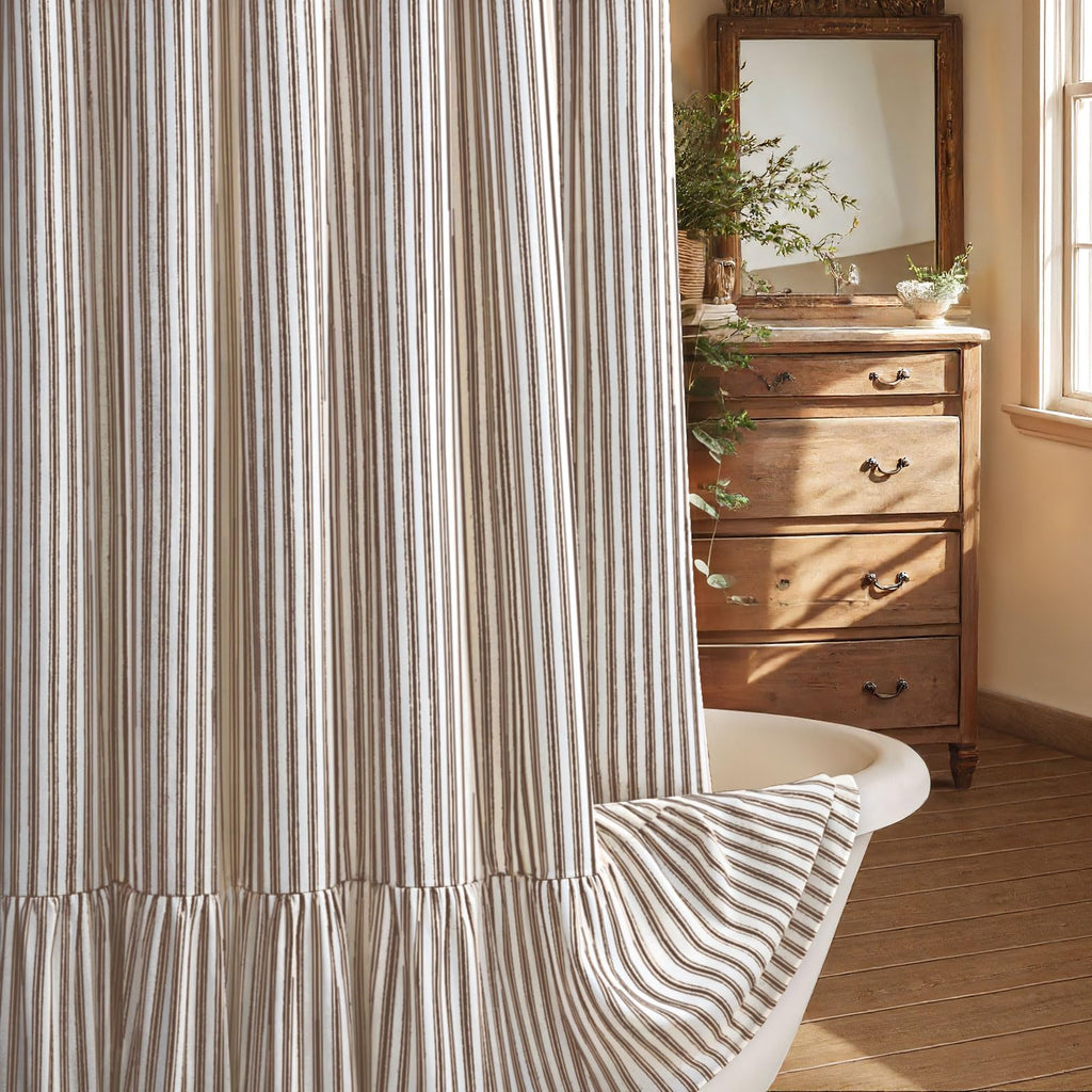 Farmhouse Shower Curtain Ruffle Linen Cream-Beige Stripe 72"W x 72"L
