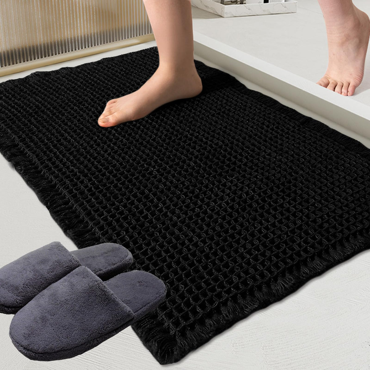 ZALL Waffle Bath Mat Boho Bathroom Mat Ultra Absorbent Non Slip 18x30 Tan