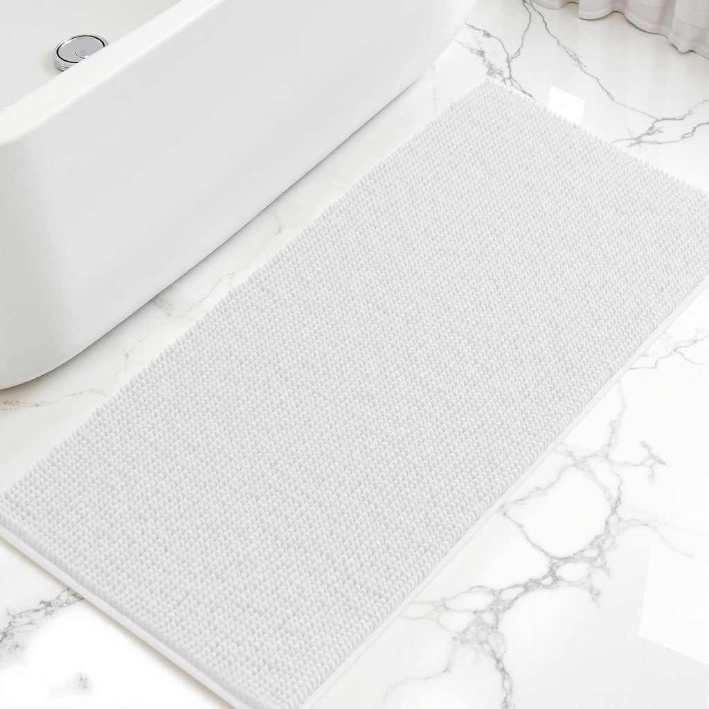SUBRTEX Bathroom Rugs Chenille Bath Rug Soft Short Plush Bath Mat Soft Shower Mat Water Absorbent Shower Mat Quick Dry Machine Washable(White,18" x 24")