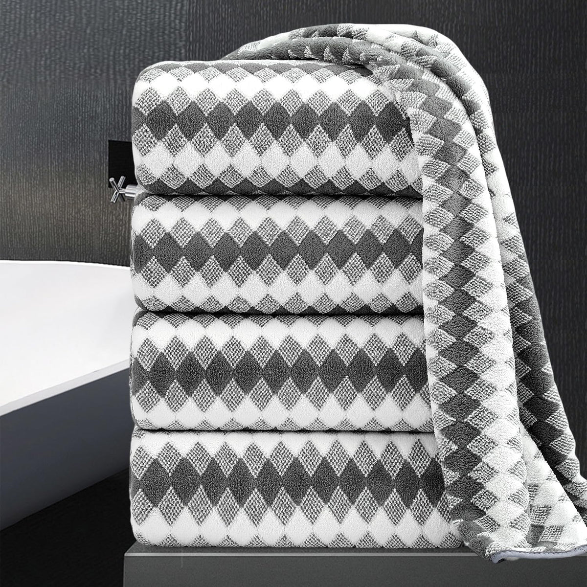 8 Piece Bathroom Towel Set Black White|2 Oversized Large Bath Towels Sheet,2 Hand Towels,4 Washcloths| 600GSM Soft Towel Set for Bathroom Hotel,Highly Absorbent Quick Dry Bath Towel Collections