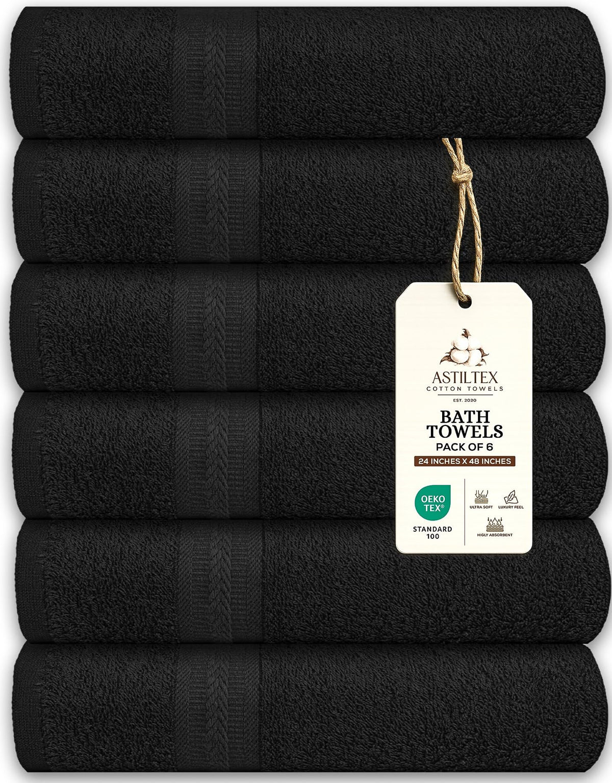 Bath Towels Pack of 6 – 24" x 48" – 100% Cotton Terry, Soft, Quick-Dry & Highly Absorbent – Navy Blue Towels for Bathroom, Spa, Gym, Hotel, Pool & Everyday Use