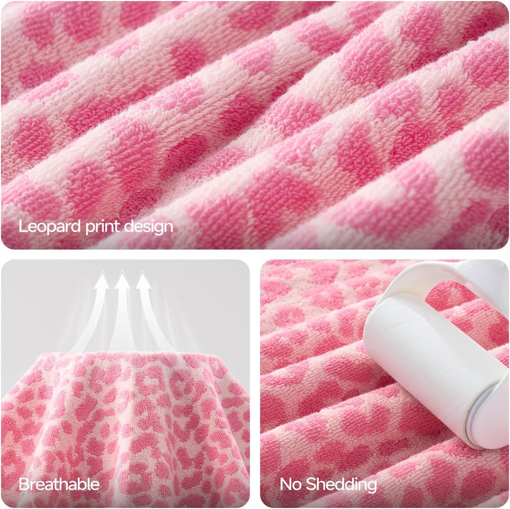 REDKISS Leopard Print Towel Set of 6,100% Cotton Bathroom Towels,Quick Dry & Absorbent,2 Bath Towel, 2 Hand Towel, 2 Washcloth-Pink