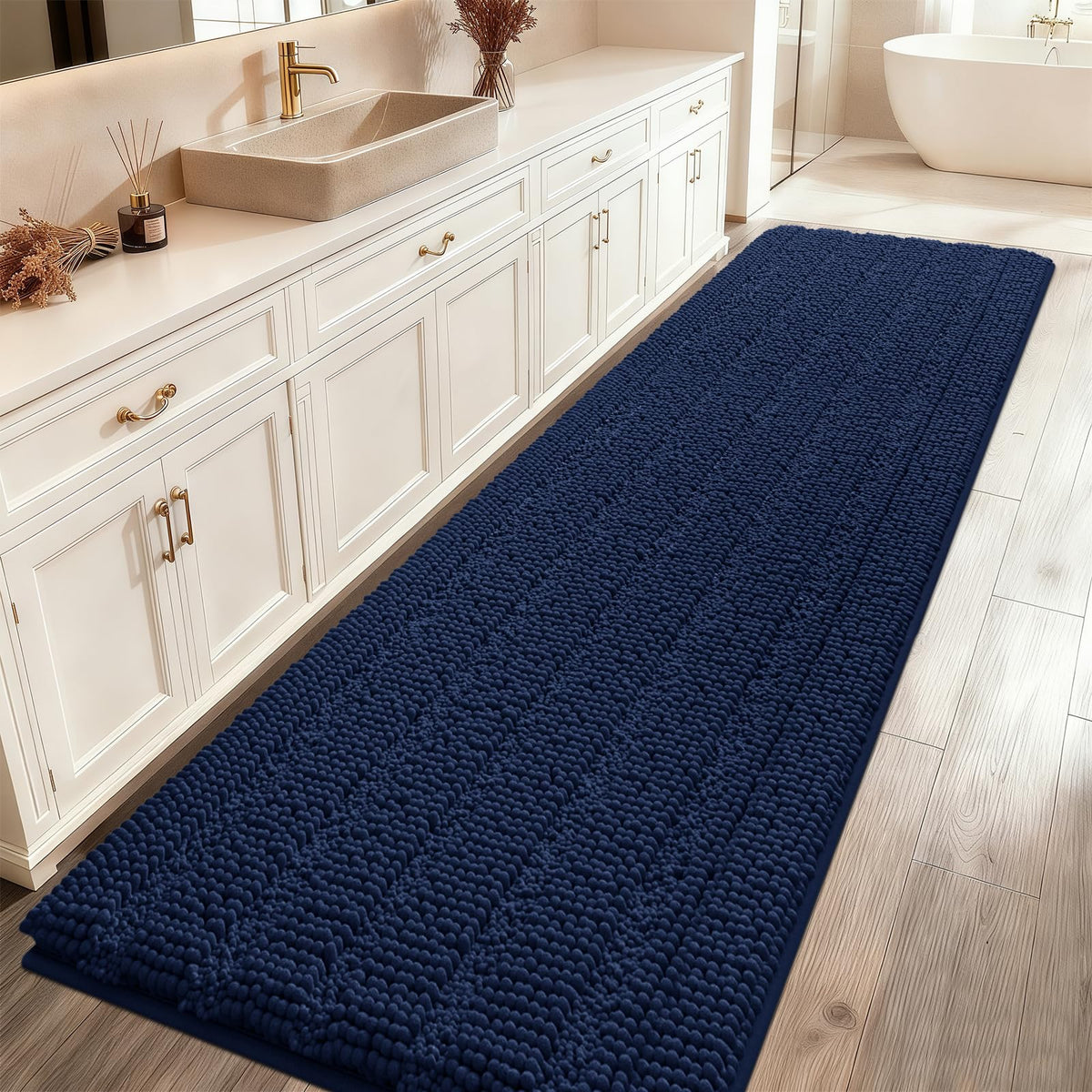 ACCUMTEK Striped Navy Blue Bathroom Rug Set 3 Pieces Ultra Soft, Non Slip Chenille Toilet Mat, Absorbent Plush Shaggy Bath Mats for Bathroom, Bedroom, Kitchen