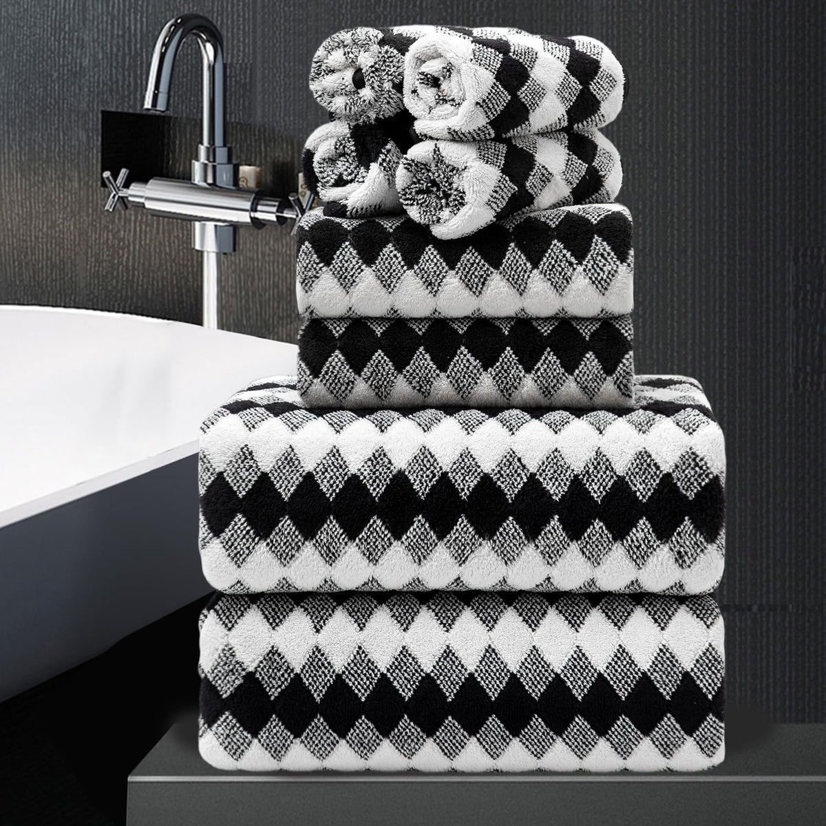 8 Piece Bathroom Towel Set Black White|2 Oversized Large Bath Towels Sheet,2 Hand Towels,4 Washcloths| 600GSM Soft Towel Set for Bathroom Hotel,Highly Absorbent Quick Dry Bath Towel Collections
