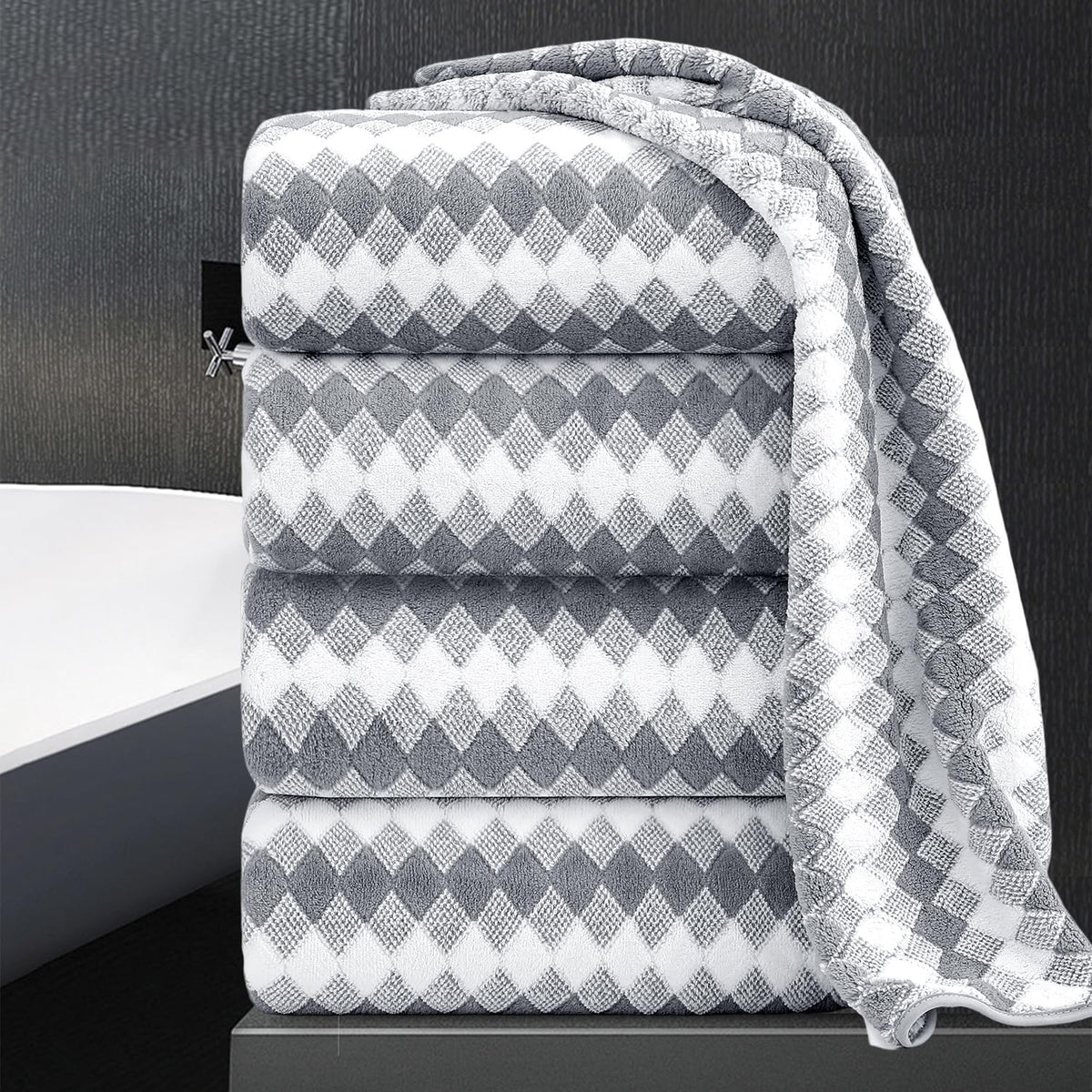 8 Piece Bathroom Towel Set Black White|2 Oversized Large Bath Towels Sheet,2 Hand Towels,4 Washcloths| 600GSM Soft Towel Set for Bathroom Hotel,Highly Absorbent Quick Dry Bath Towel Collections