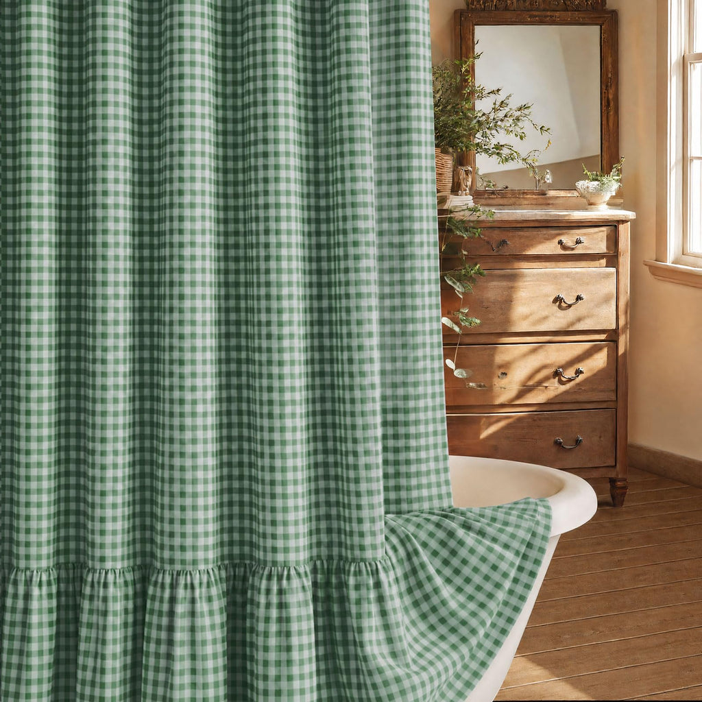 Farmhouse Shower Curtain Ruffle Linen Cream-Brown Stripe 72"W x 84"L