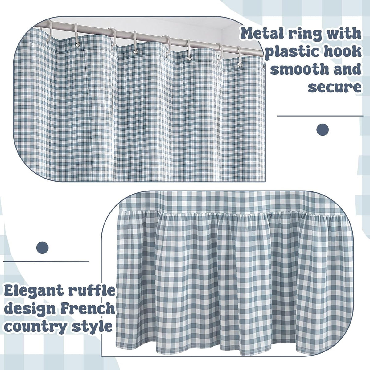 HunnmingRe Ruffle Hem Gingham Shower Curtain Dust Blue