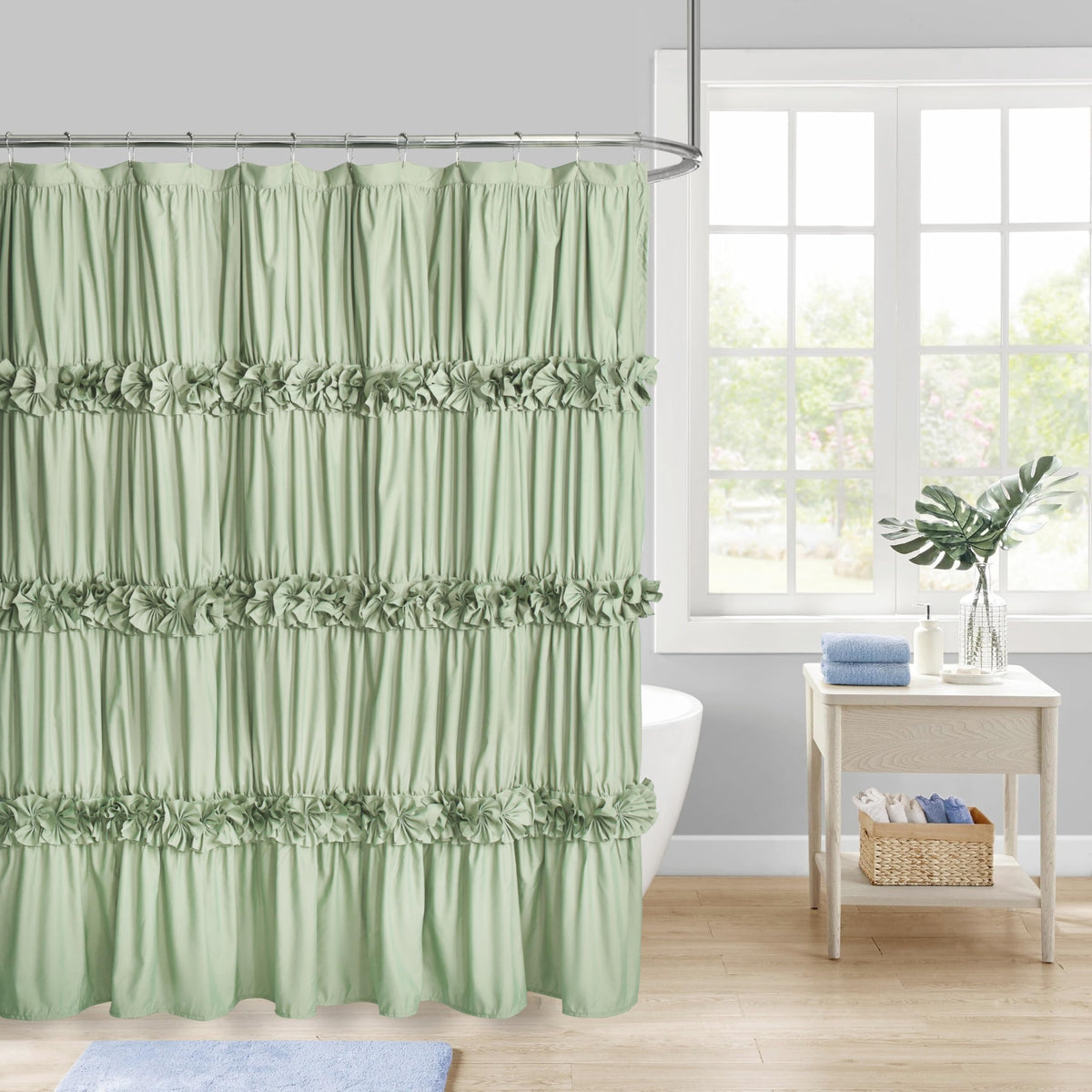 Homechoice Decor Victorian White Ruffle Shower Curtain with 12 Buttonholes