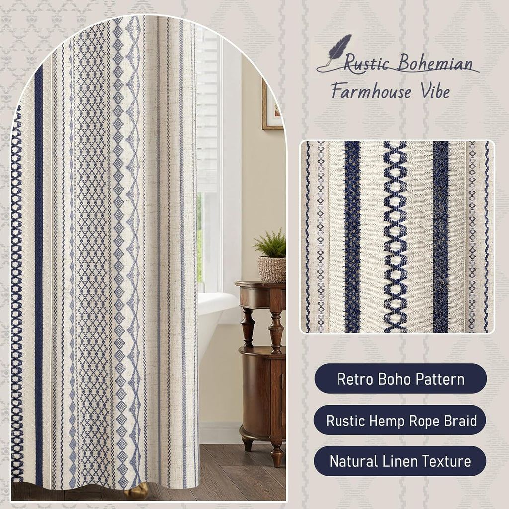 Nave Blue Boho Linen Shower Curtain,72" W x 72" L