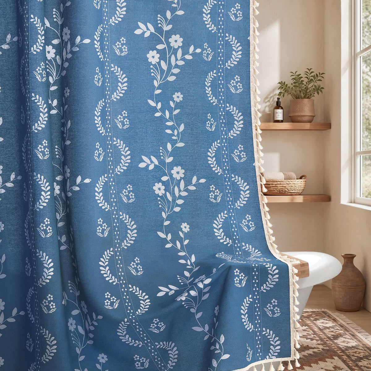 Boho Terracotta Vintage Shower Curtain with Tassels 72 x 72 Inch