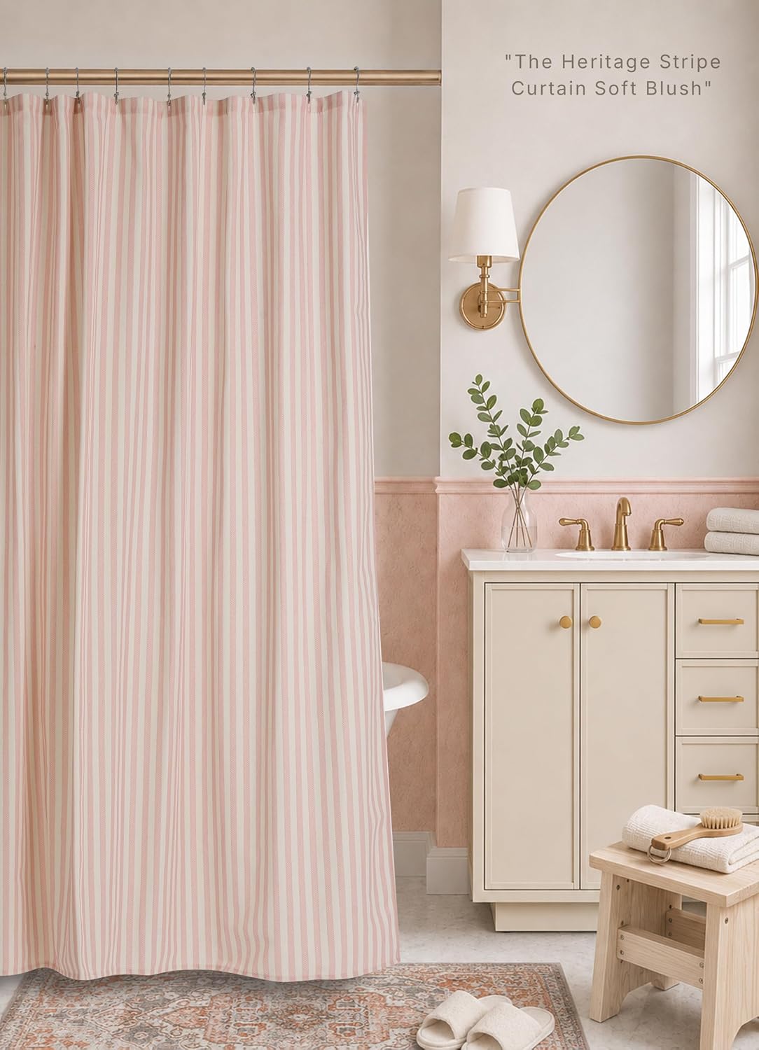 Vintage Pink Striped Fabric Shower Curtain for Bathroom, 72x84 Inches, Rustic Farmhouse Cotton Blend Cloth Shower Curtain, Boho French Country Cottagecore Style, Non-Waterproof Decorative Curtain