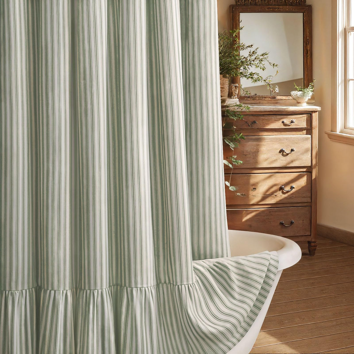 Farmhouse Shower Curtain Ruffle Linen Cream-Beige Stripe 72"W x 72"L