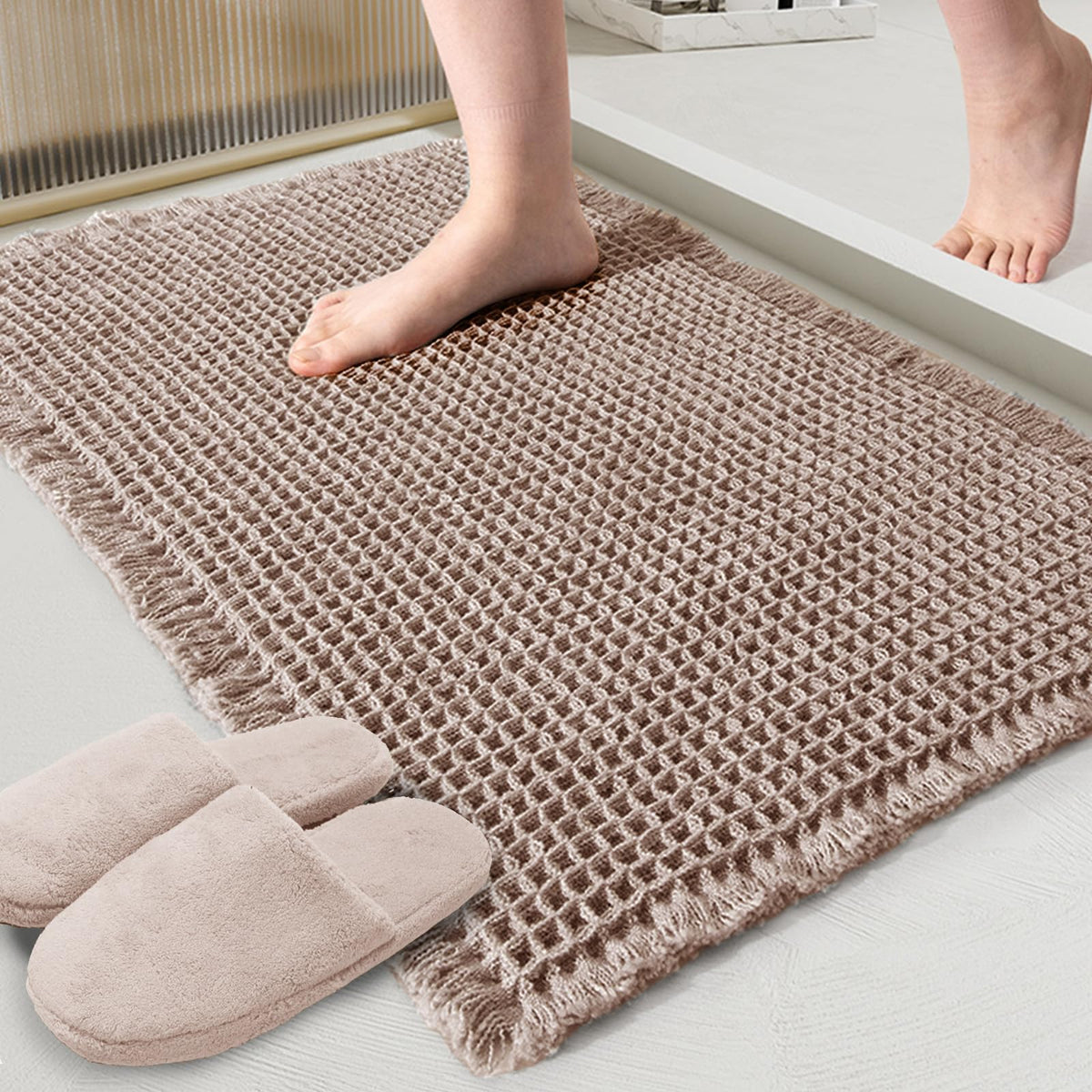 ZALL Waffle Bath Mat Boho Bathroom Mat Ultra Absorbent Non Slip 18x30 Tan