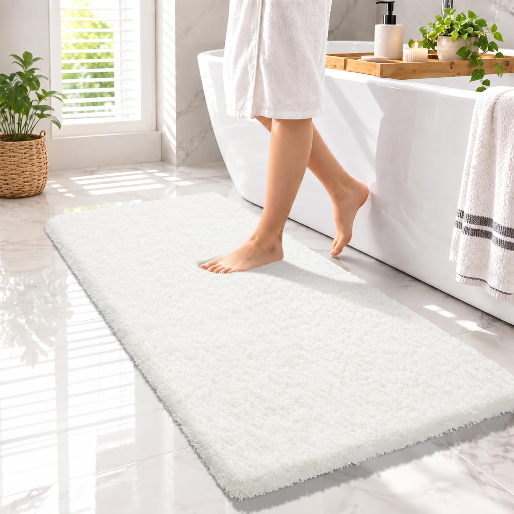 Yimobra Bathroom Rugs Non Slip Washable 32X20, Ultra Soft and Water Absorbent Bath Mats, Plush Fluffy Shower Mat Outside, Microfiber Thick Matts for Bathroom Floor/Tub, Light Gray and White