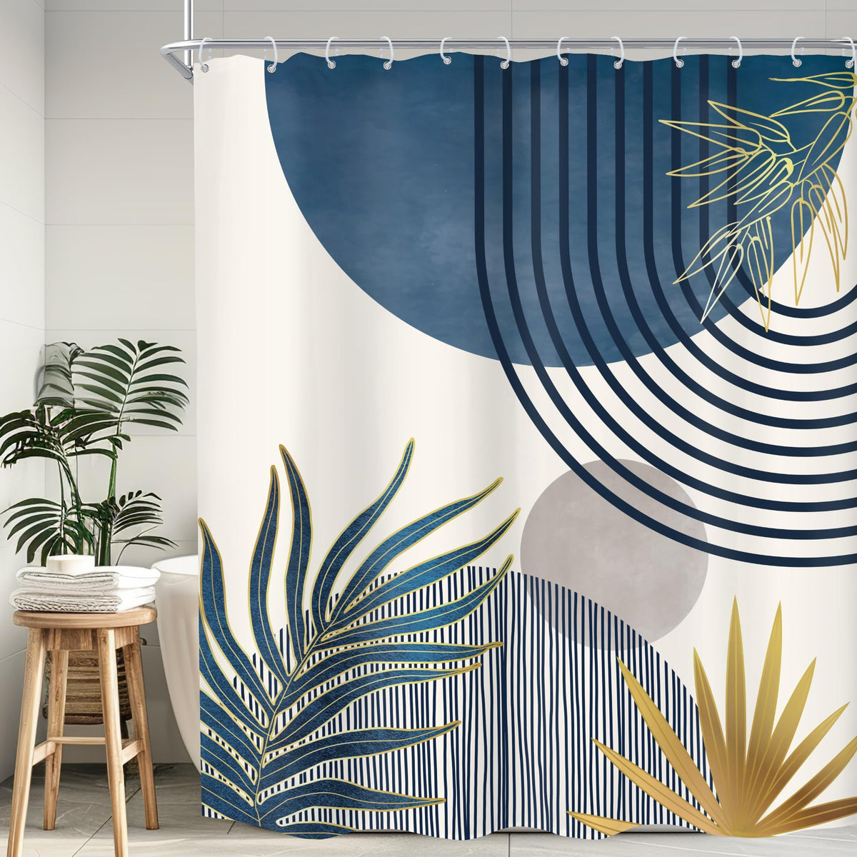 Mid Century Green Orange Boho Abstract Modern Bathroom Shower Curtain Set