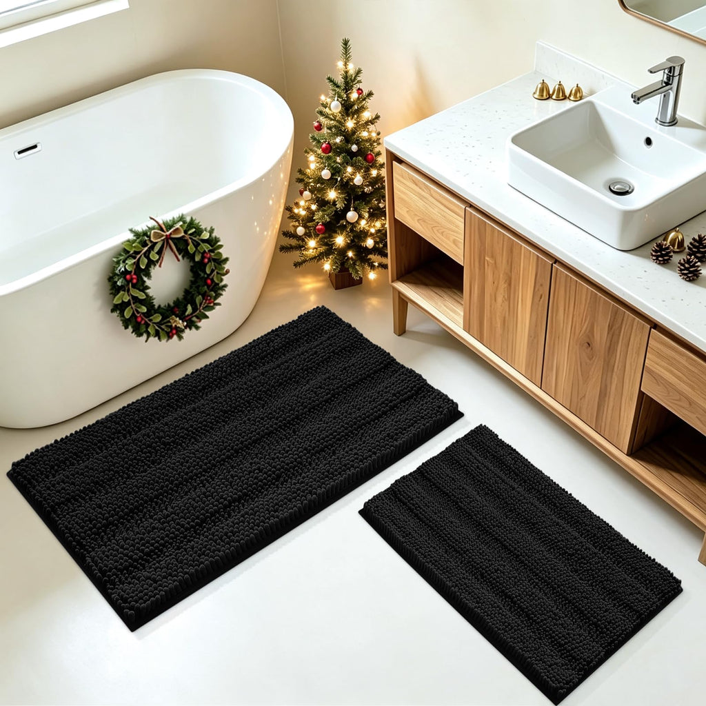 ACCUMTEK Striped Navy Blue Bathroom Rug Set 3 Pieces Ultra Soft, Non Slip Chenille Toilet Mat, Absorbent Plush Shaggy Bath Mats for Bathroom, Bedroom, Kitchen
