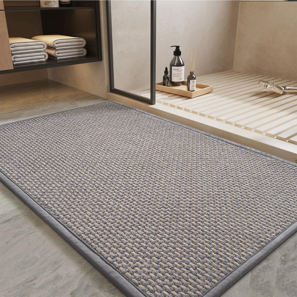 PADOOR-Bath Mat-Super Absorbent Chenille Bathroom Mats-Rubber Backed Bath Mats for Bathroom Non Slip, Easy Clean Bathroom Rugs Front of Bathtub,Shower Room,Sink-17×28, Beige&Cream