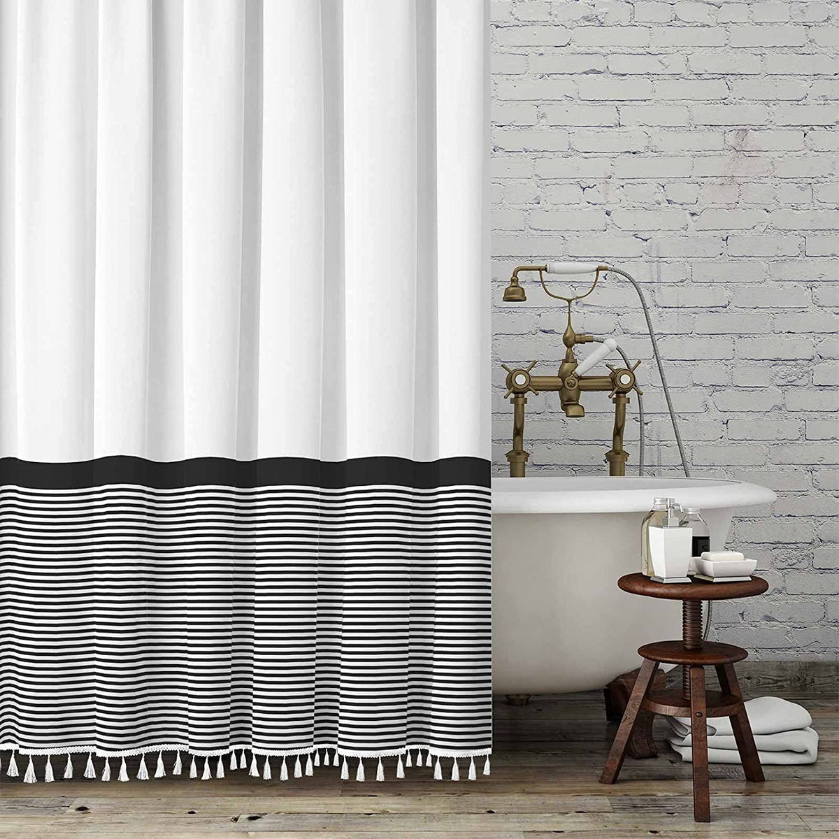 Seasonwood Black and White Shower Curtain Striped with Tassels 72 x 72