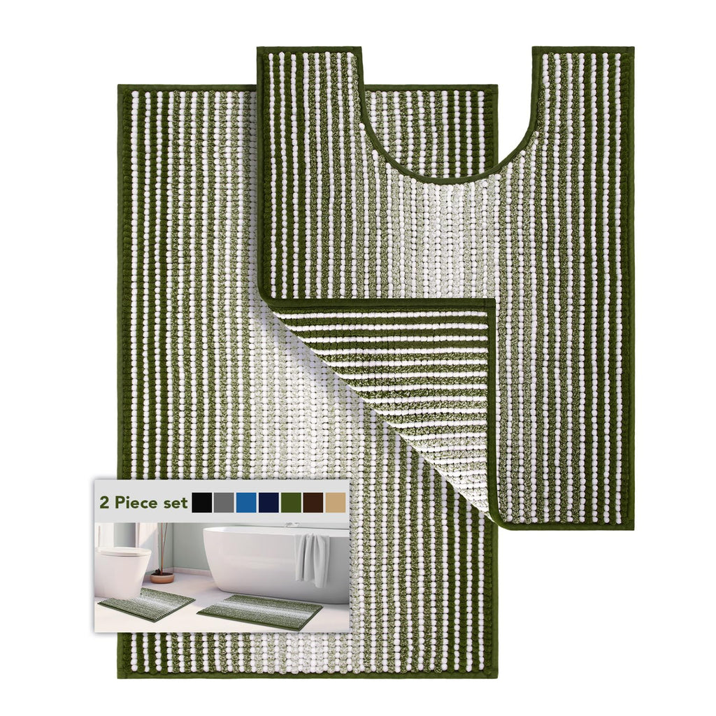 BSICPRO Bathroom Rugs Sets 2 Piece, Non Slip Striped Bath Mats, Fog Blue
