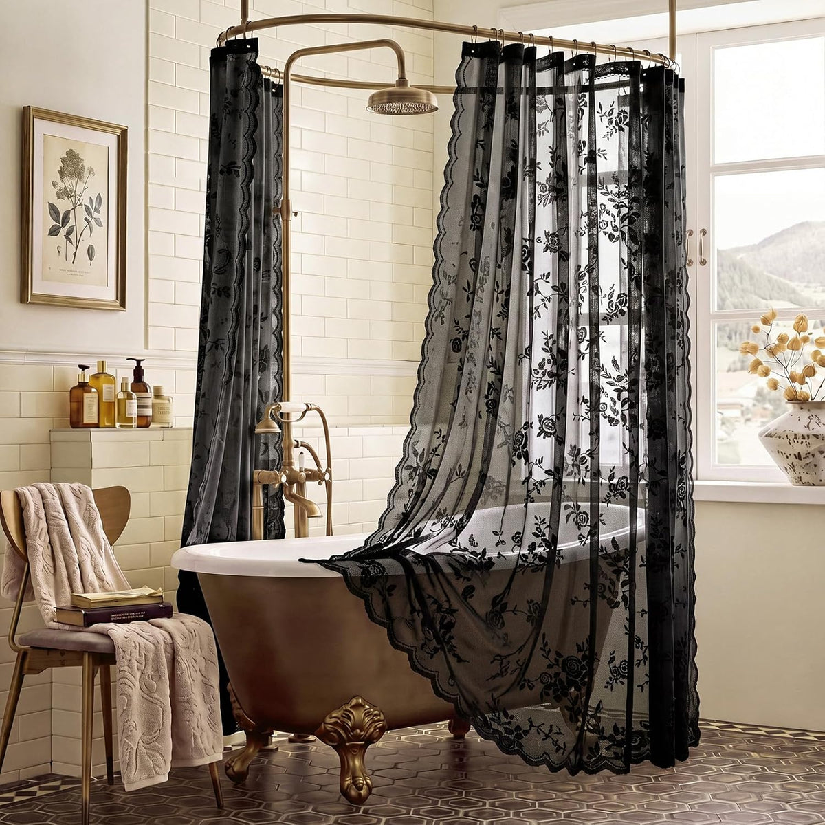 Irenare Black Lace Shower Curtain Victorian Floral Decor 72 x 72 Inch
