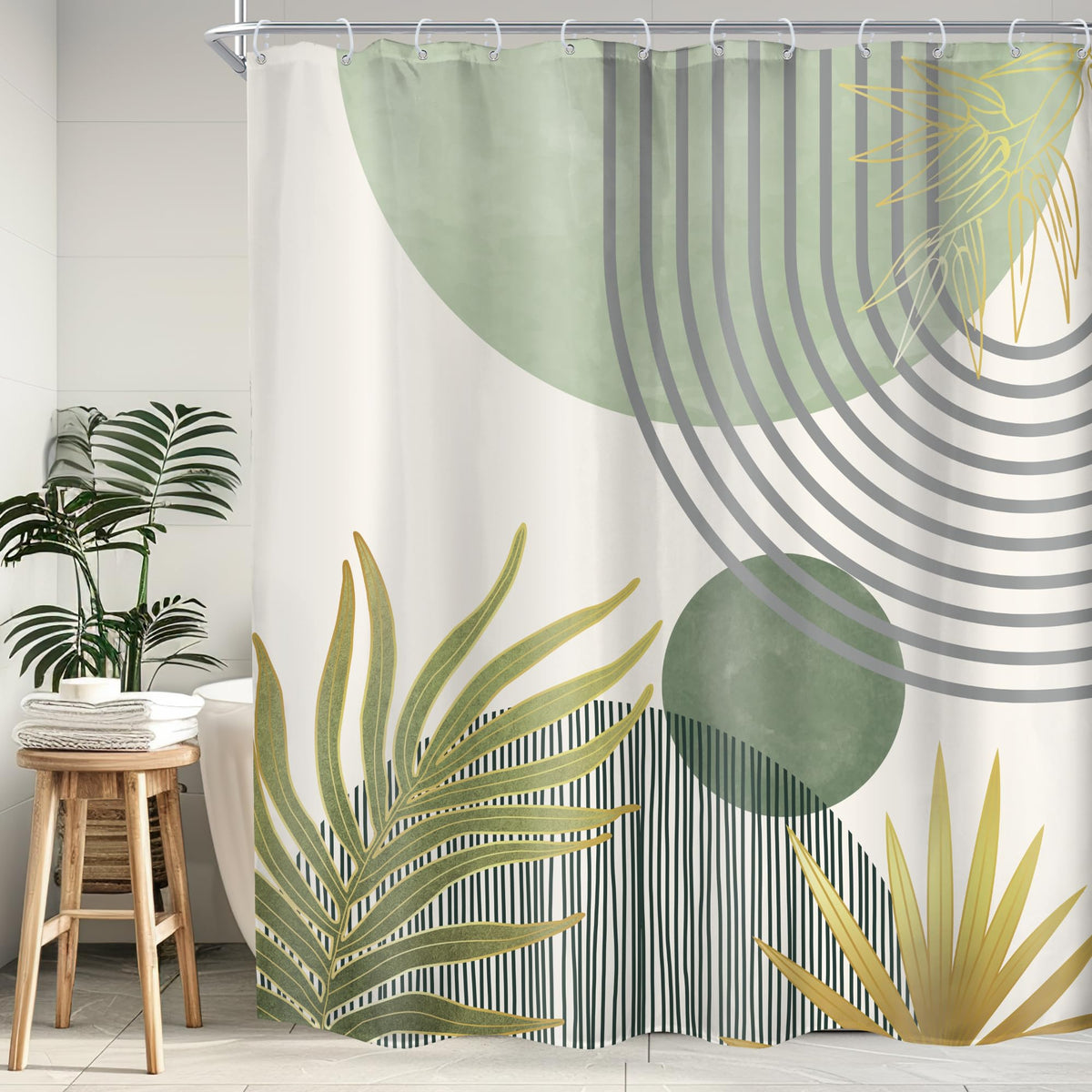 Mid Century Green Orange Boho Abstract Modern Bathroom Shower Curtain Set