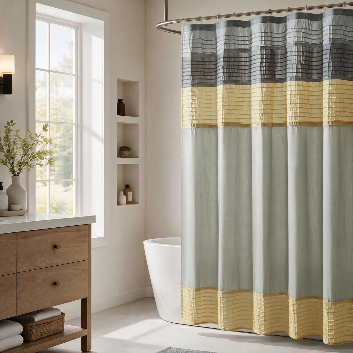 Madison Park Amherst 72 x 72 Bathroom Shower Curtain, Faux Silk, Black