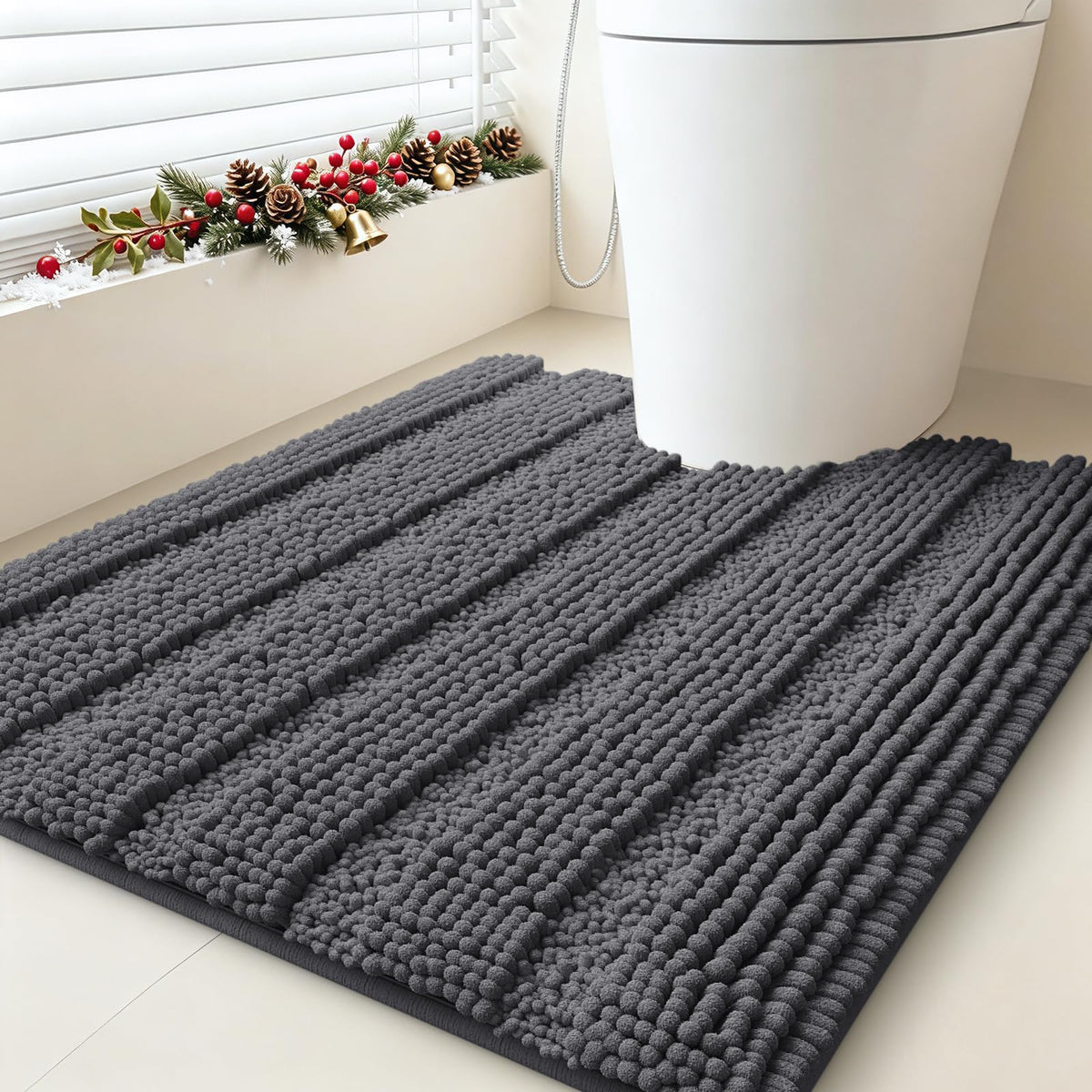 ACCUMTEK Striped Navy Blue Bathroom Rug Set 3 Pieces Ultra Soft, Non Slip Chenille Toilet Mat, Absorbent Plush Shaggy Bath Mats for Bathroom, Bedroom, Kitchen