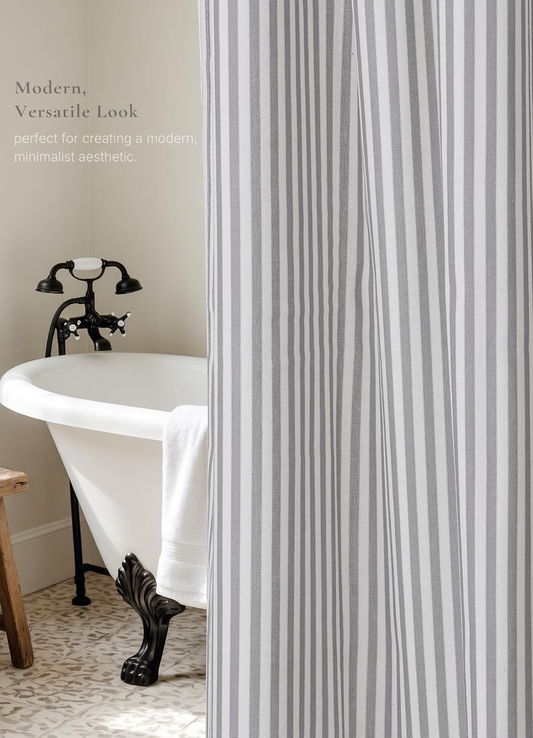 Grey Striped Shower Curtain 72X72 Inches Cotton Blend Rustic Shower Curtain Breathable Washable for Bathroom