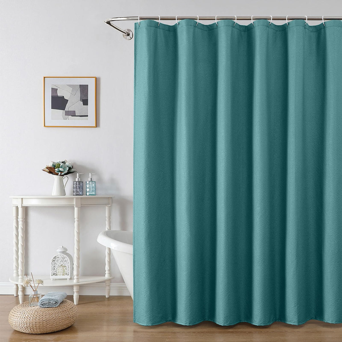 OWENIE White Shower Curtain for Bathroom 84 Inches Extra Long, Elegant 3D Embossed Textured Cloth Waffle Shower Curtain, Modern Luxury Hotel Style, Water Repellent, Machine Washable, 72X84, White