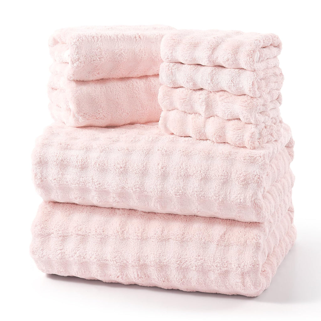 REDKISS Soft Bath Towel Sets 8-Piece, Microfiber Quick Dry & Absorbent, 35x70 in Large Bath Sheet 14x30 in Hand Towel, 12x12 in Washcloth, Pink Bathroom Towel Set