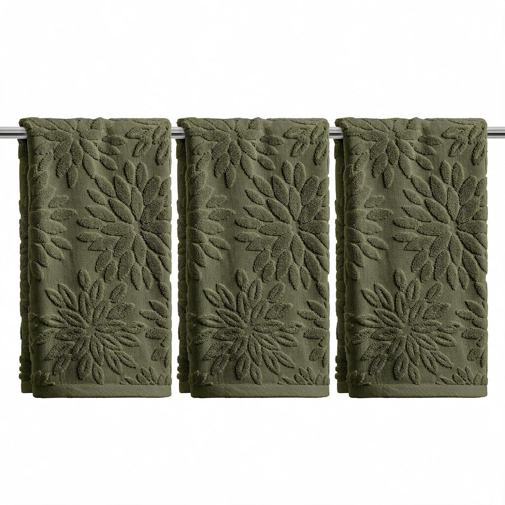 Artoid Mode 2 Pcs Olive Green 3D Dahlia Floral Jacquard Hand Towels for Bathroom, Cotton Soft Absorbent Bathroom Decor Towels, 13.7 x 29.5 Inch