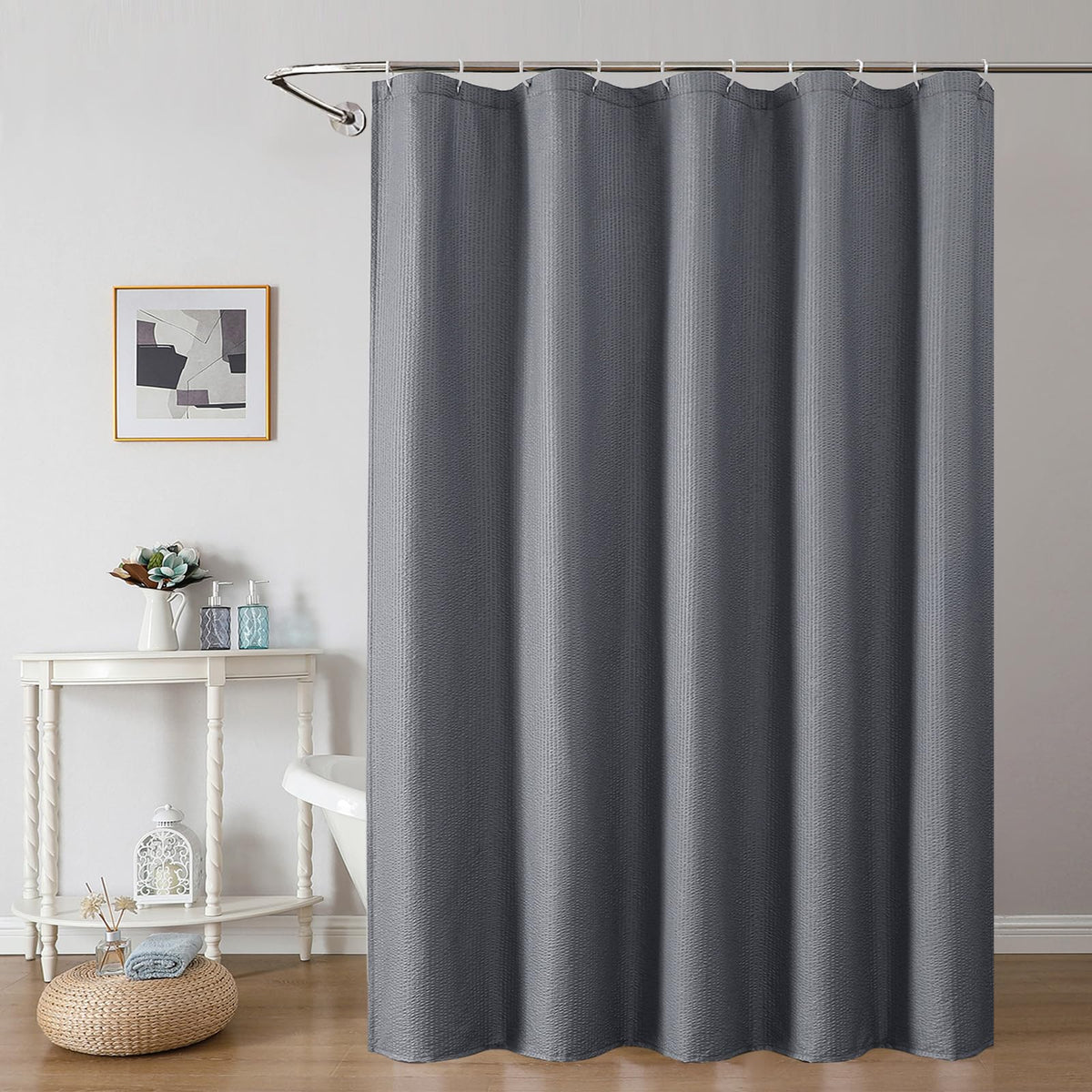 OWENIE White Shower Curtain for Bathroom 84 Inches Extra Long, Elegant 3D Embossed Textured Cloth Waffle Shower Curtain, Modern Luxury Hotel Style, Water Repellent, Machine Washable, 72X84, White