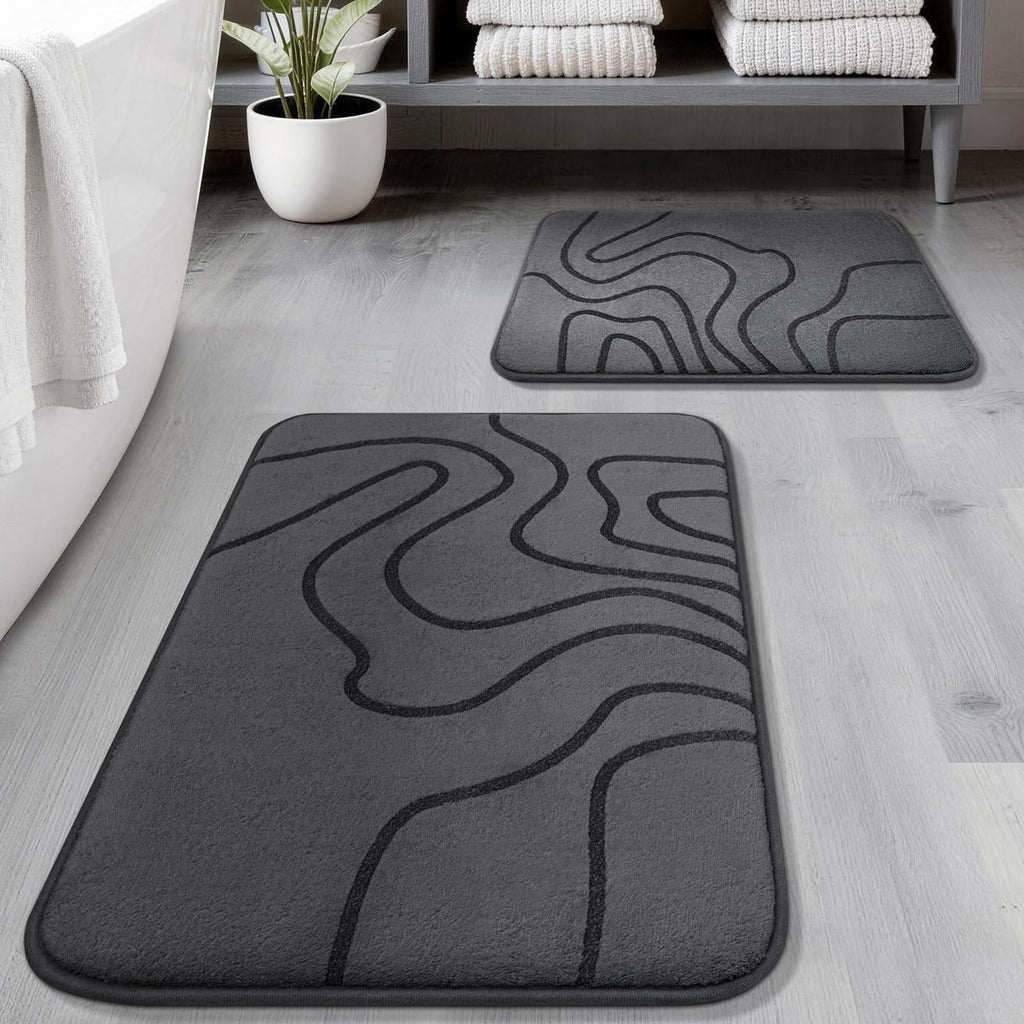 YIHOUSE Memory Foam Bathroom Rugs Sets 2 Piece, 17"x24"+20"x46", Dark Grey