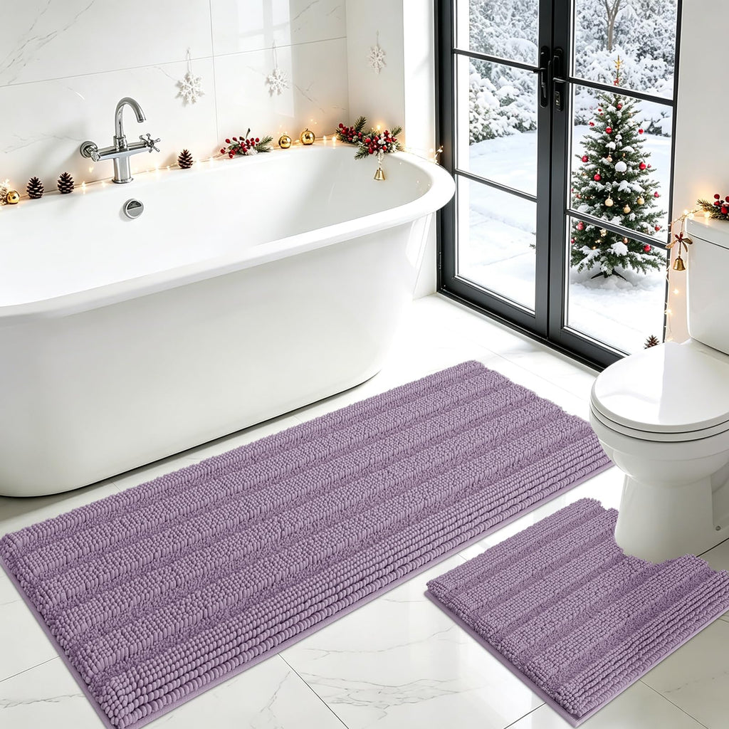 ACCUMTEK Striped Navy Blue Bathroom Rug Set 3 Pieces Ultra Soft, Non Slip Chenille Toilet Mat, Absorbent Plush Shaggy Bath Mats for Bathroom, Bedroom, Kitchen