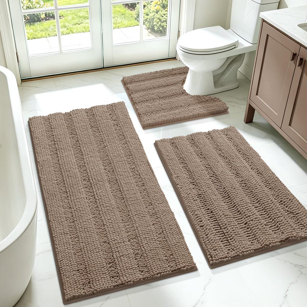 ACCUMTEK Striped Navy Blue Bathroom Rug Set 3 Pieces Ultra Soft, Non Slip Chenille Toilet Mat, Absorbent Plush Shaggy Bath Mats for Bathroom, Bedroom, Kitchen