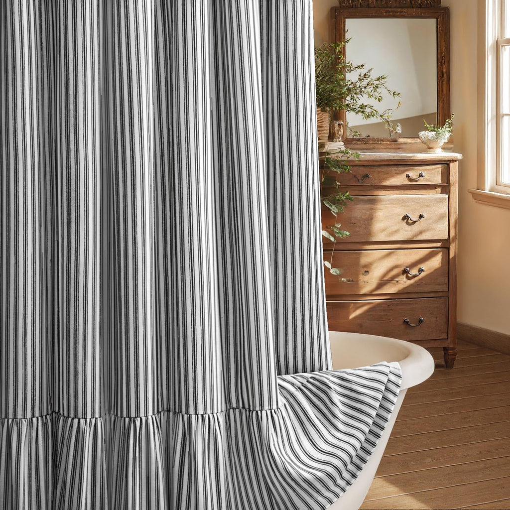 Farmhouse Shower Curtain Ruffle Linen Cream-Brown Stripe 72"W x 72"L