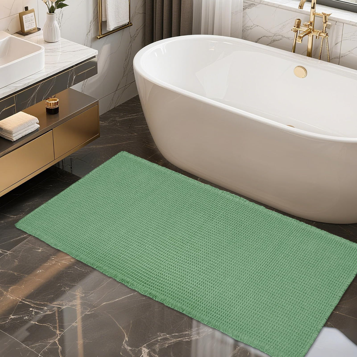 ZALL Waffle Bath Mat Boho Bathroom Mat Ultra Absorbent Non Slip 18x30 Tan