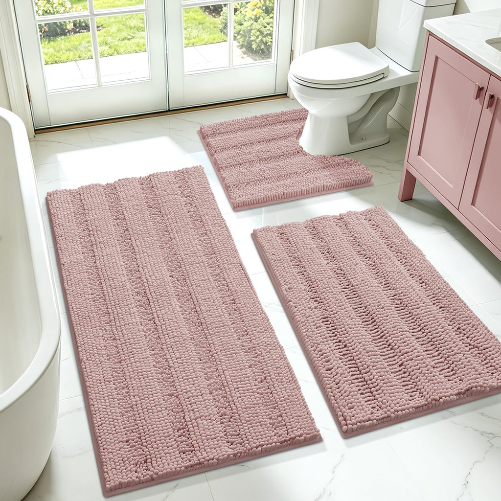 ACCUMTEK Striped Navy Blue Bathroom Rug Set 3 Pieces Ultra Soft, Non Slip Chenille Toilet Mat, Absorbent Plush Shaggy Bath Mats for Bathroom, Bedroom, Kitchen