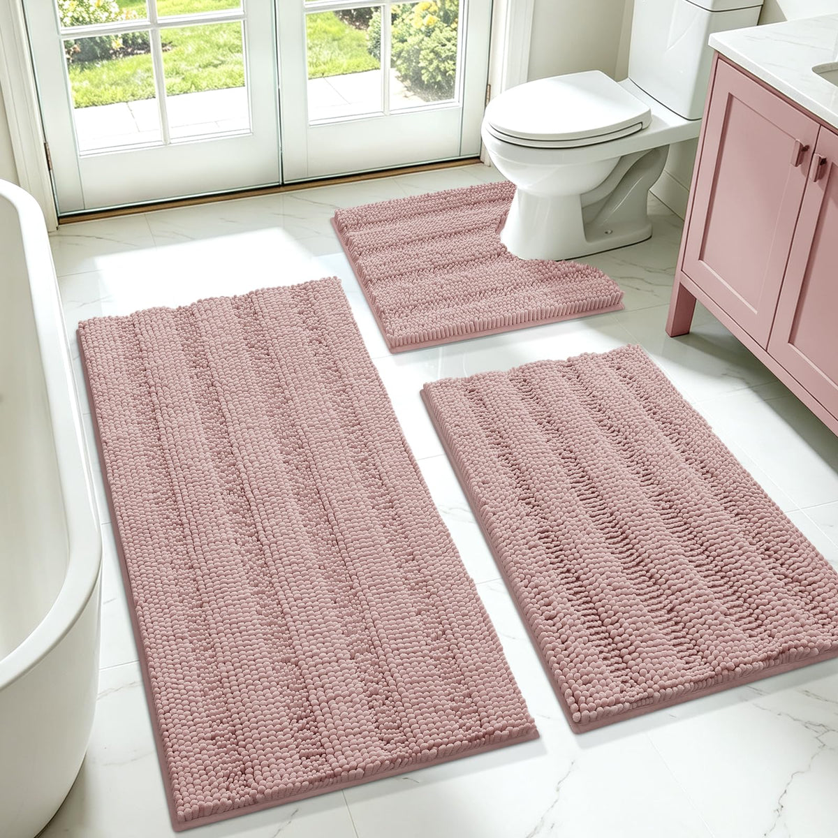 ACCUMTEK Striped Navy Blue Bathroom Rug Set 3 Pieces Ultra Soft, Non Slip Chenille Toilet Mat, Absorbent Plush Shaggy Bath Mats for Bathroom, Bedroom, Kitchen