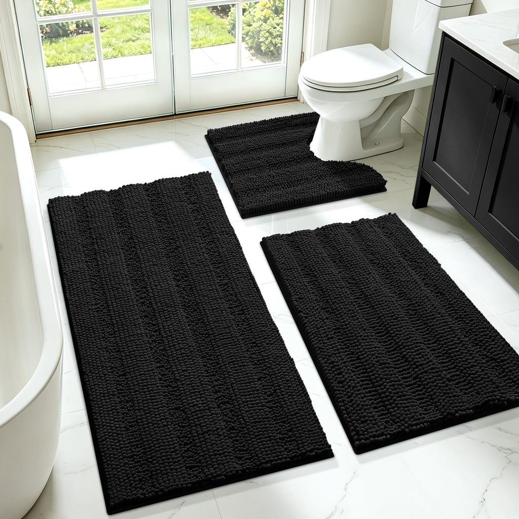 ACCUMTEK Striped Navy Blue Bathroom Rug Set 3 Pieces Ultra Soft, Non Slip Chenille Toilet Mat, Absorbent Plush Shaggy Bath Mats for Bathroom, Bedroom, Kitchen