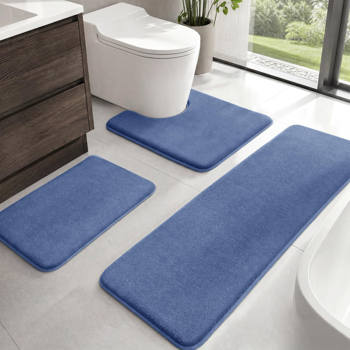 HUXMEYSON Bathroom Rugs Sets 2 Piece, Non-Slip & Quick Dry Bath Mat Set, Ultra Soft Velvet Bath Rugs for Bathroom, Toilet and Shower Floor, Navy