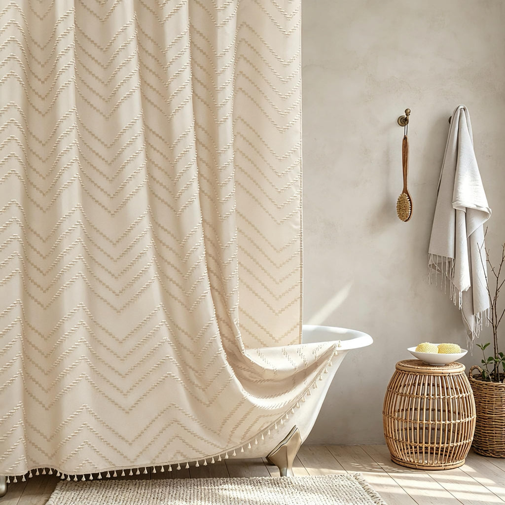 Siiluminisoy Boho Shower Curtain with Tassel Woven Fabric Olive Green Shower Curtain 72 x 72 Modern Farmhouse Textured Tufted Chevron Striped Minimalist Bathroom Shower Curtains